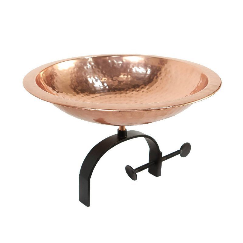 Hammered Copper Birdbath with Black Wrought Iron Rail Bracket