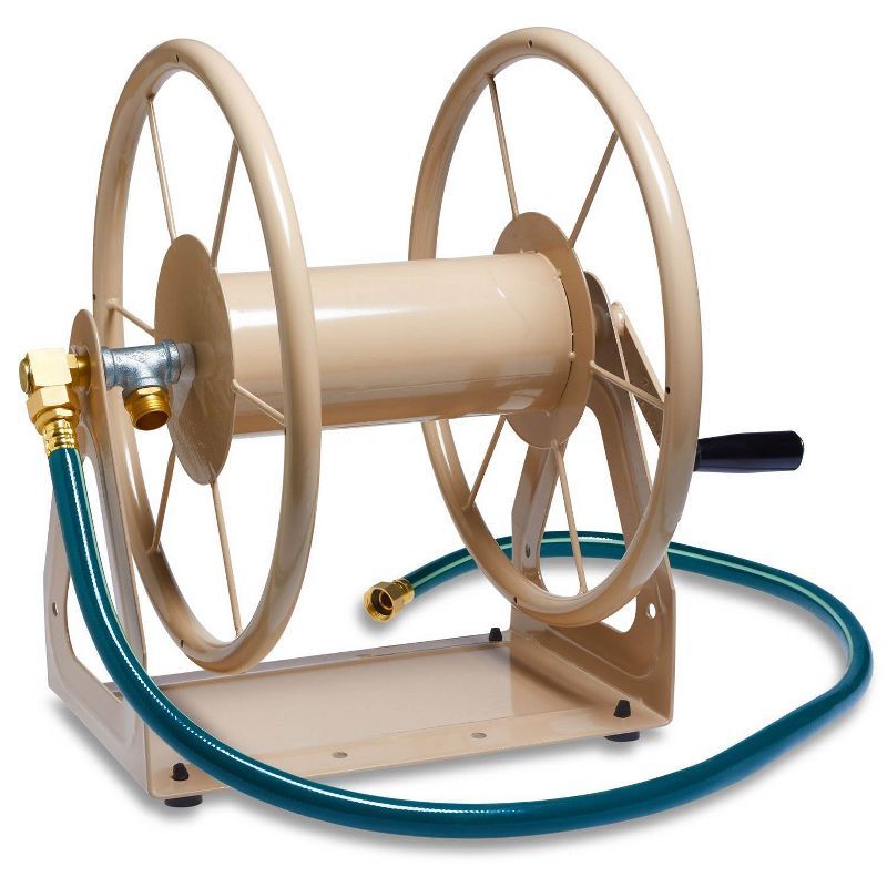 Tan Steel Wall Mount Garden Hose Reel with Crank Handle