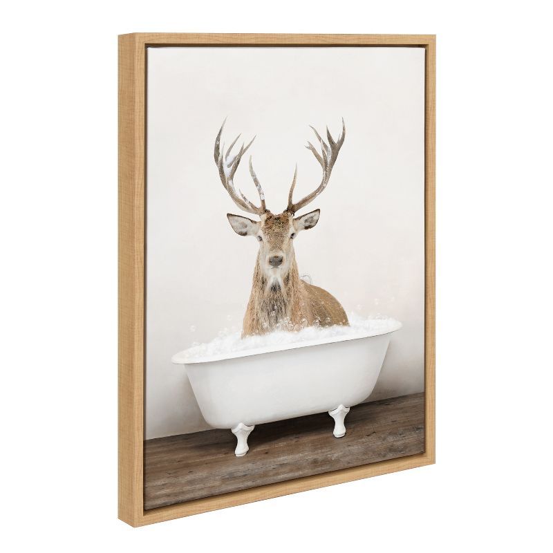 Natural Framed Canvas with Deer in Bathtub, 18" x 24"