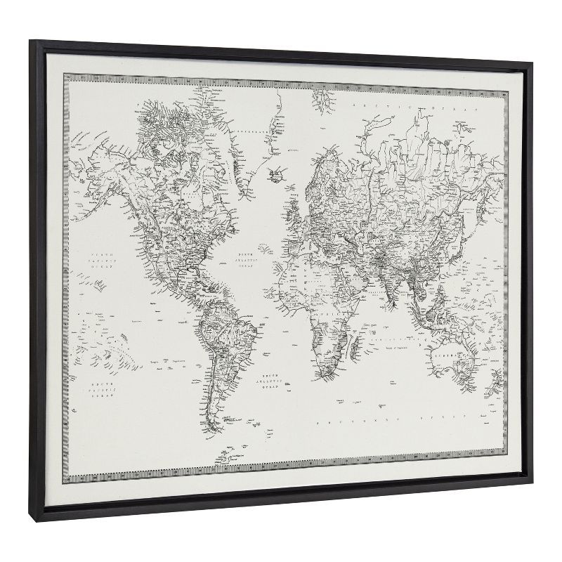 Vintage Black and White World Map Framed Canvas Art, 28x38