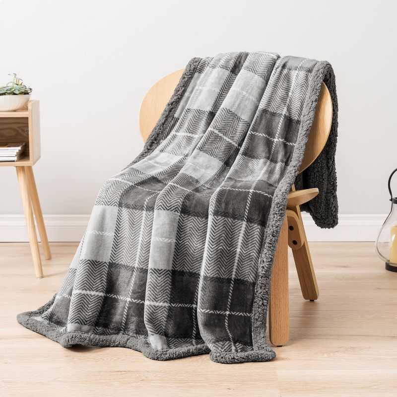 Light Gray Plaid Sherpa Fleece Reversible Throw Blanket