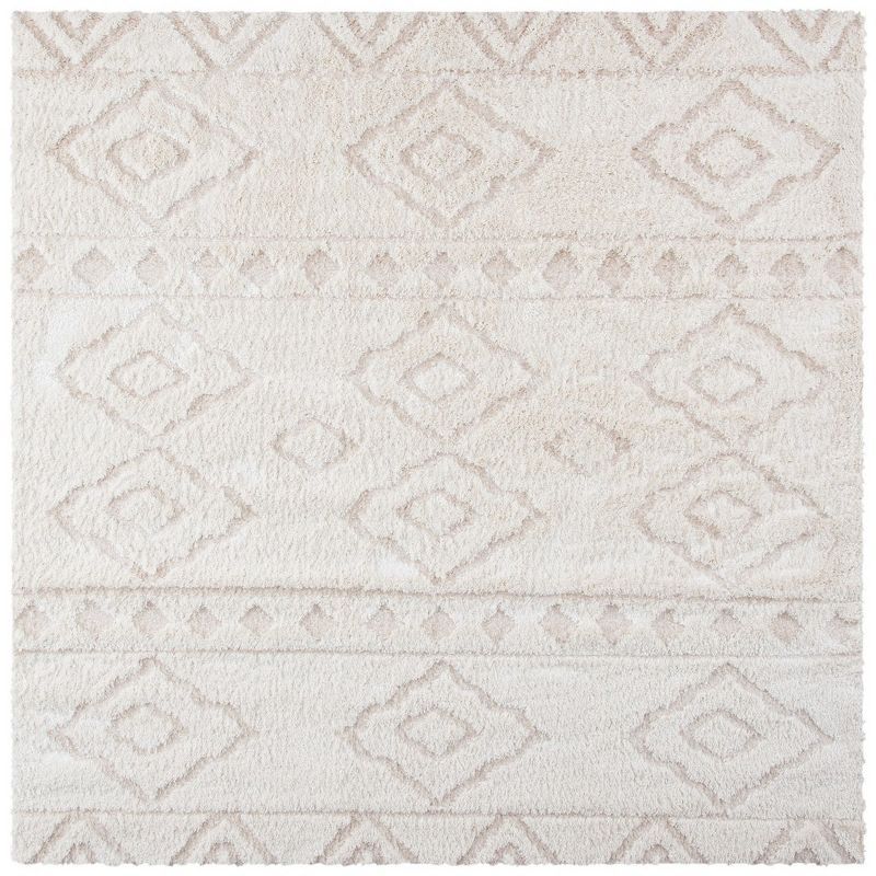 Ivory/Beige 5' Square Hand-knotted Geometric Shag Rug