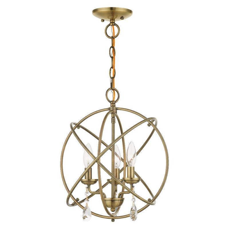 Antique Brass Mini 3-Light Chandelier with Teardrop Crystals