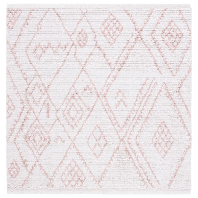 Ivory and Pink Square Flat Woven Synthetic Rug