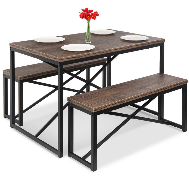 Brown and Black 3-Piece Bench Style Dining Set with MDF Wood