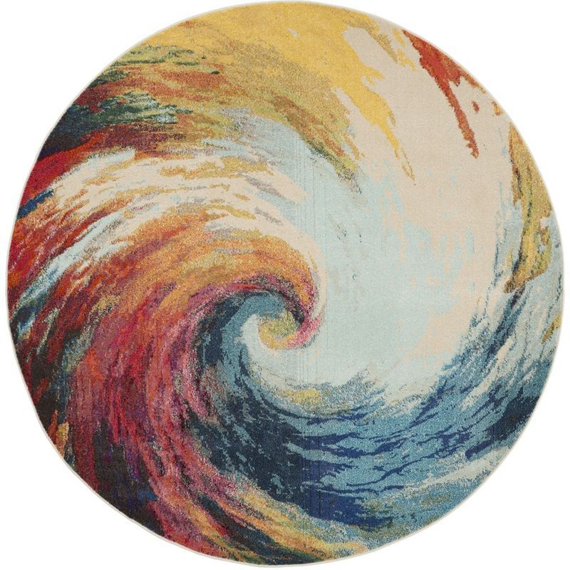 Celestial Waves Multicolor Abstract Round Rug, 7'10"