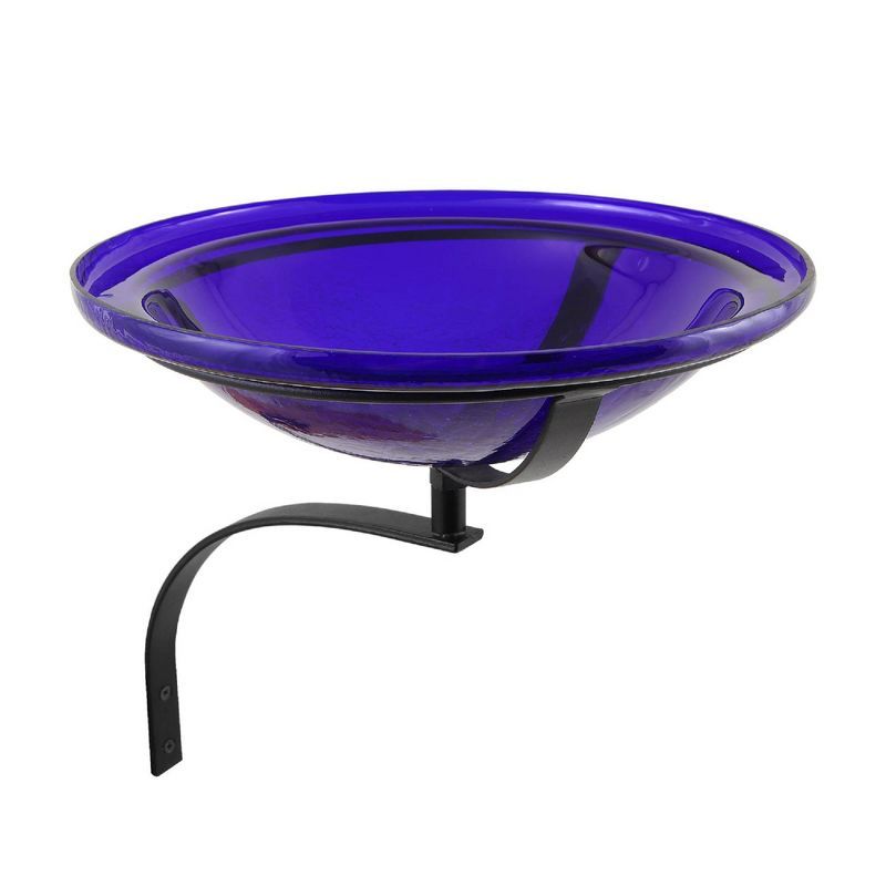 Cobalt Blue Crackle Glass Wall-Mounted Birdbath with Iron Bracket