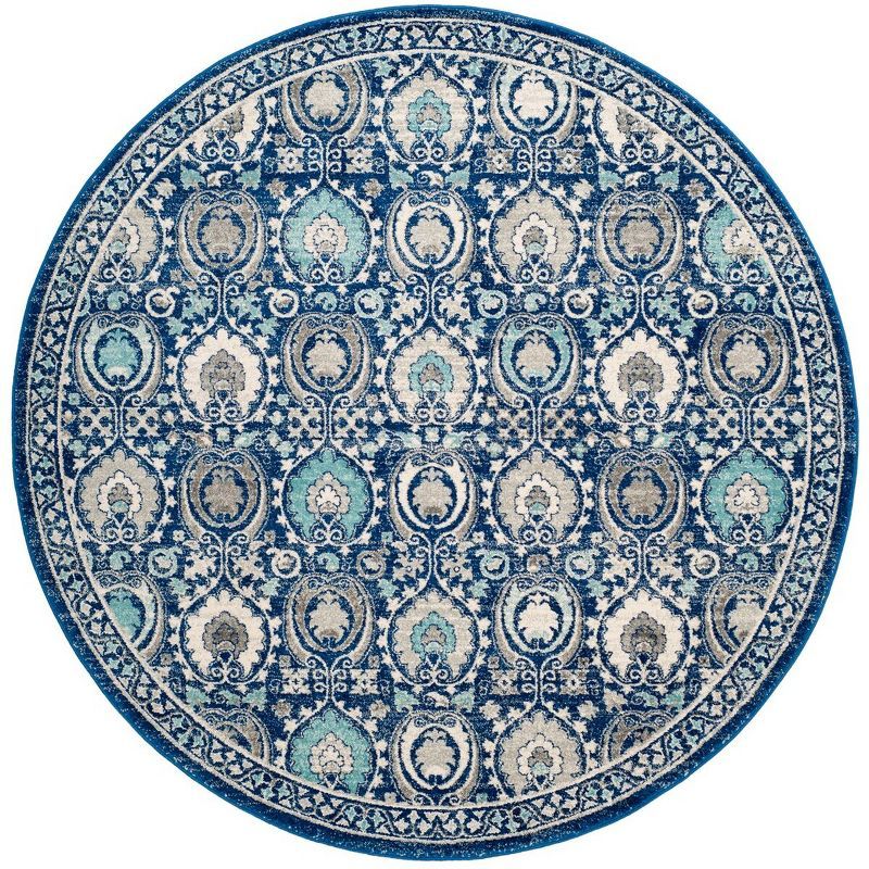 Blue and Ivory Round High Pile Synthetic Area Rug