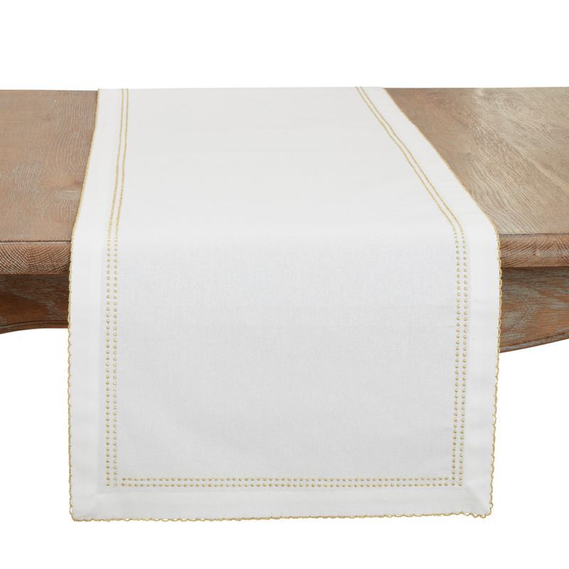 White Cotton Rectangle Table Runner with Gold Embroidery