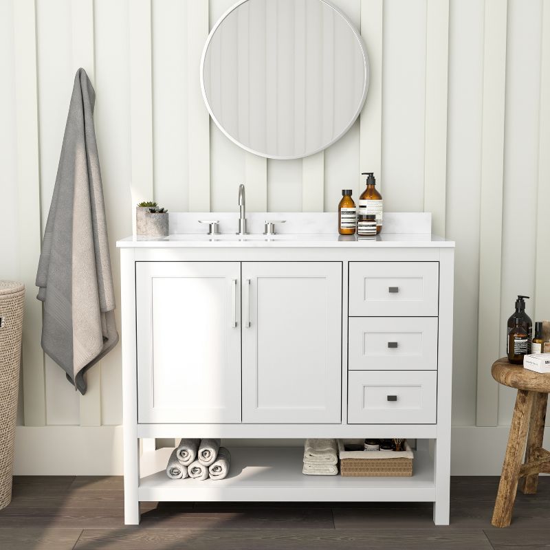 White Freestanding Bathroom Vanity with Carrara Marble Countertop