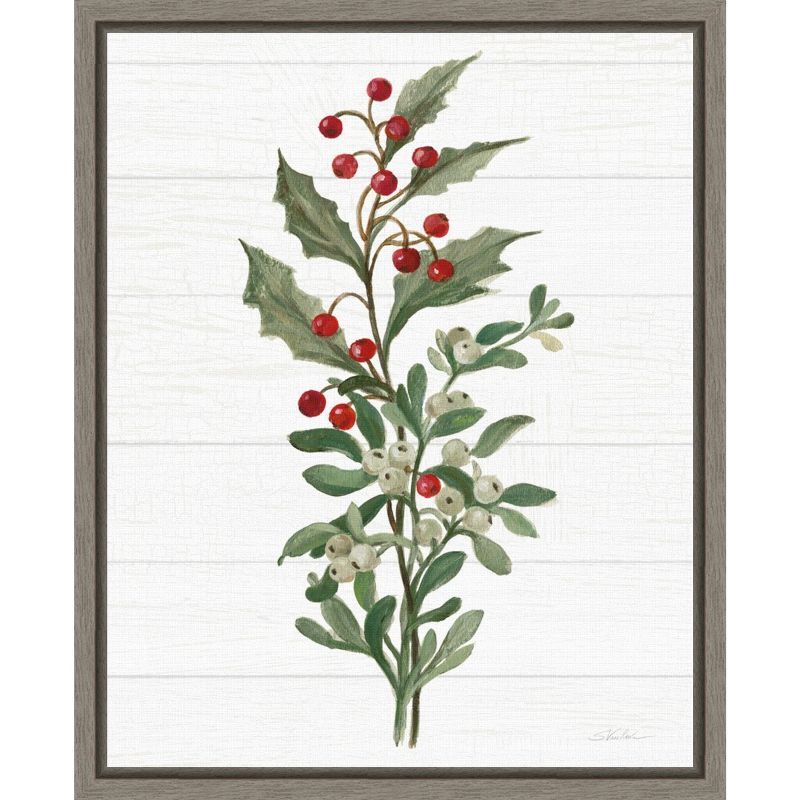 Christmas Holly and Mistletoe Canvas Wall Art Print with Greywash Frame