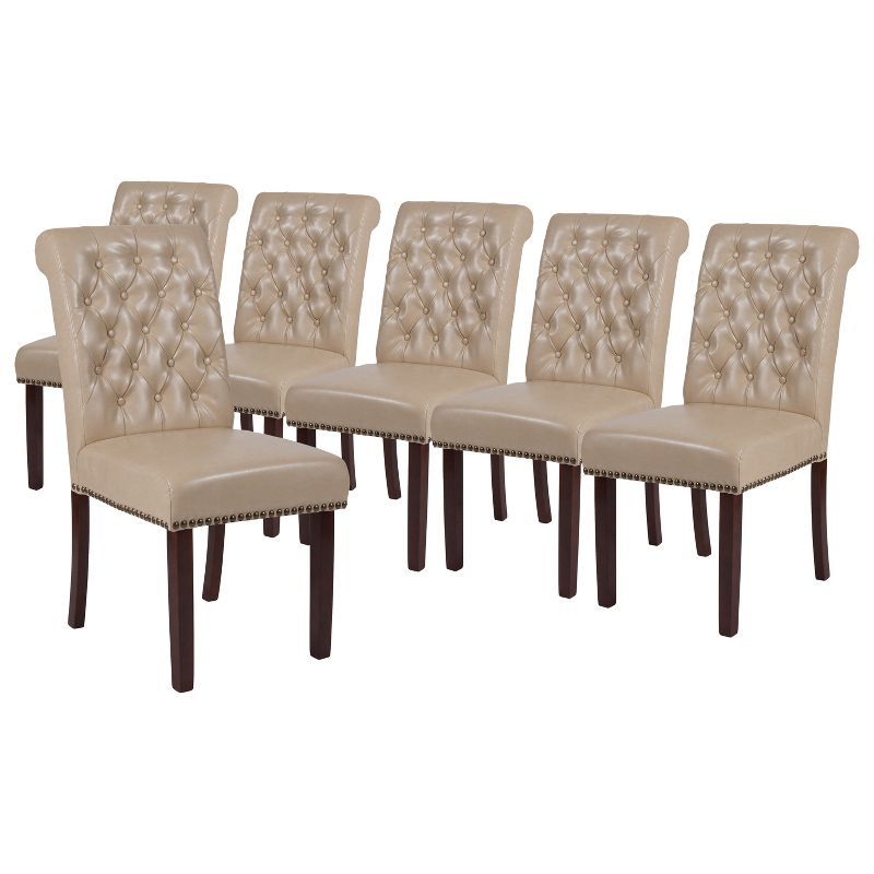 Beige Leather Parsons Side Chair Set with Walnut Legs