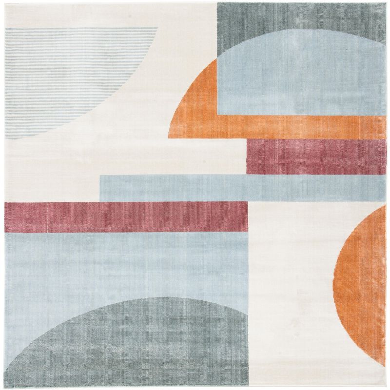 Ivory and Blue Abstract Square Synthetic Area Rug