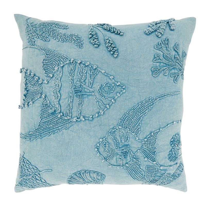 Blue Cotton Embroidered Nautical Fish Throw Pillow, 20"x20"