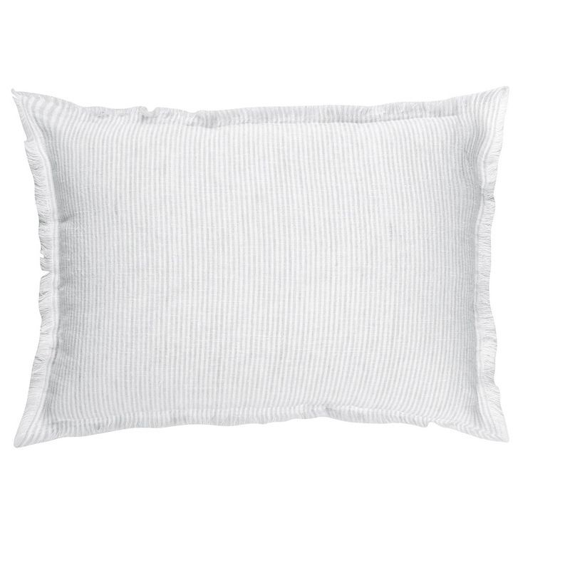 Light Grey Pinstripe Linen Lumbar Pillow with Fringe