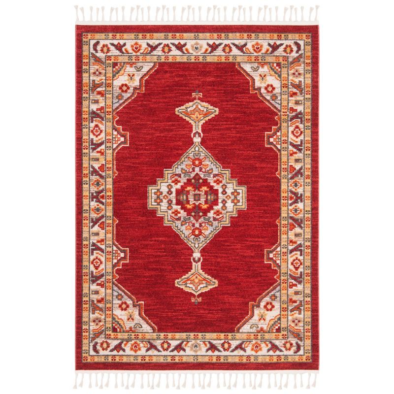Handmade Bohemian Braided Medallion Rug in Cream and Red, 4' x 5'4"