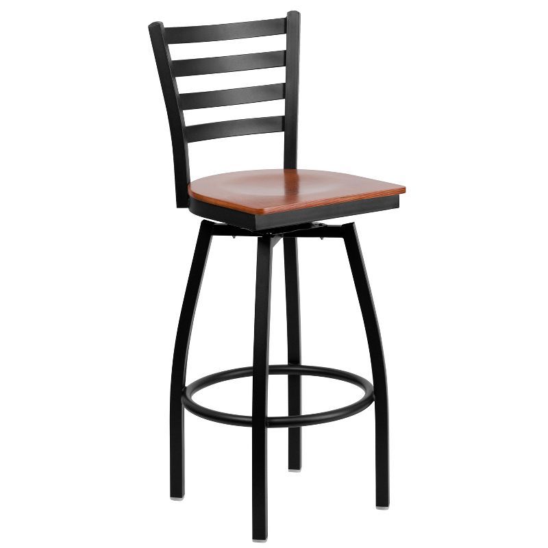 Cherry Wood and Black Metal Swivel Barstool with Ladder Back