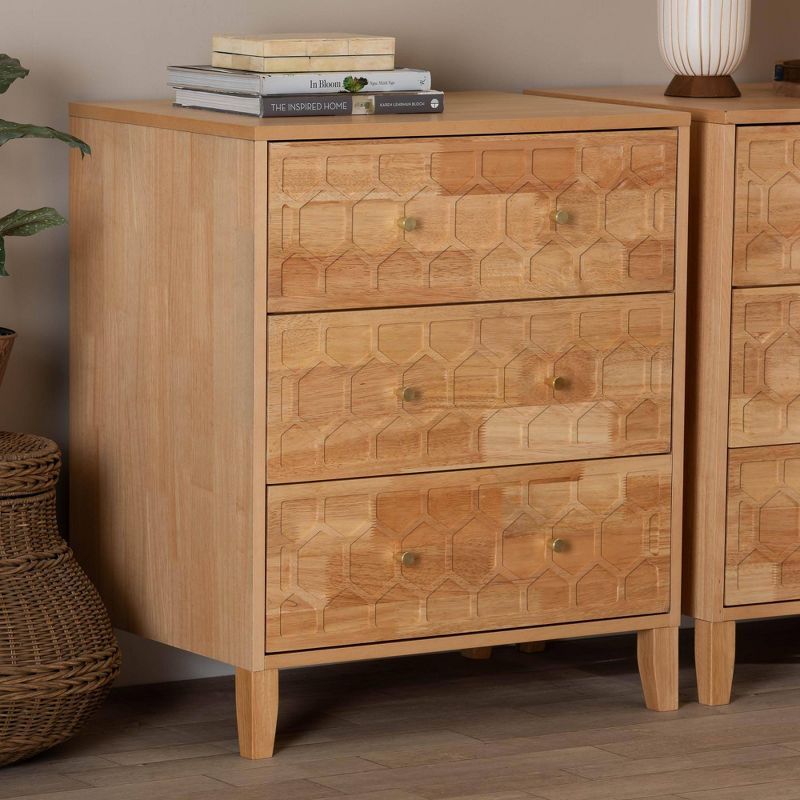 Natural Wood Honeycomb Carved 3-Drawer Chest