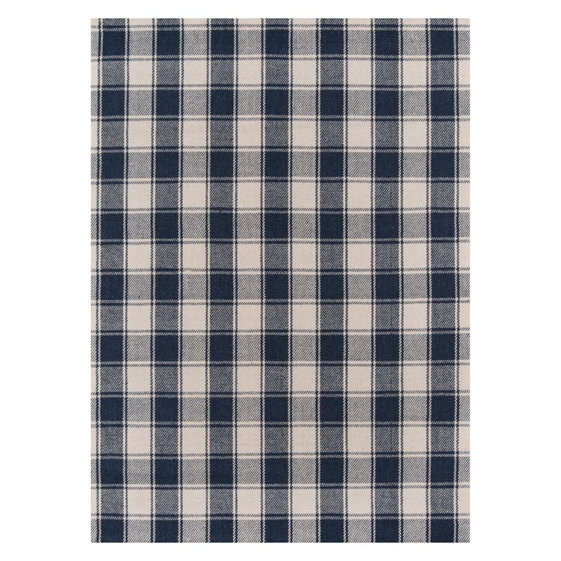 Navy and Ivory Wool Plaid Rectangular Area Rug