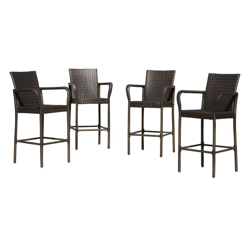 Delfina Outdoor Multibrown Wicker Barstool Set with Armrests, 4-Piece