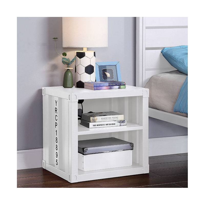 Contemporary White Metal Nightstand with USB and Recessed Panels