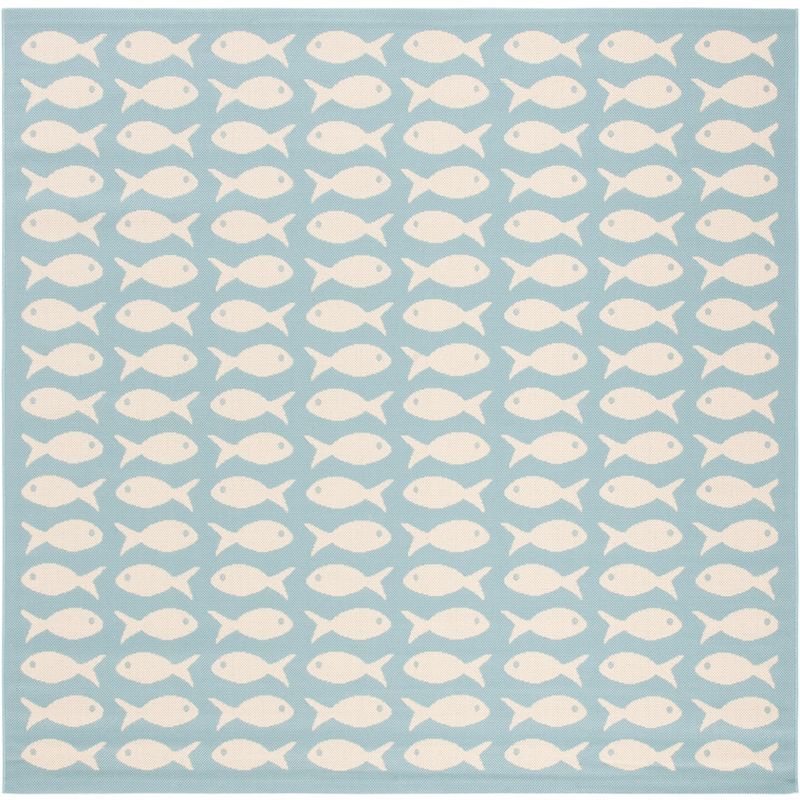 Aqua and Beige Fish Pattern Square Synthetic Rug