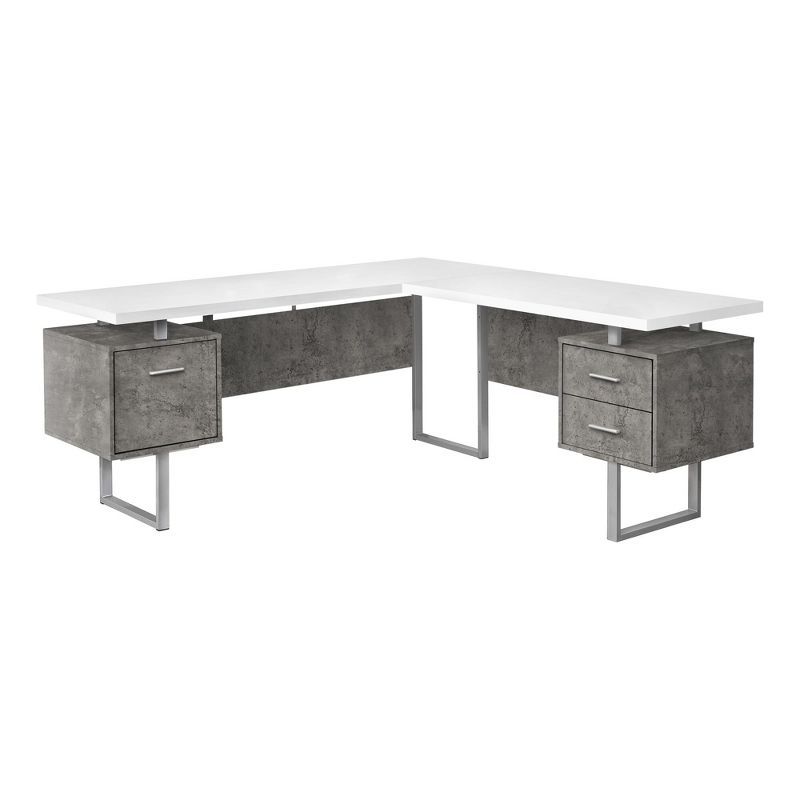 White Concrete L-Shaped Computer Desk with Drawers