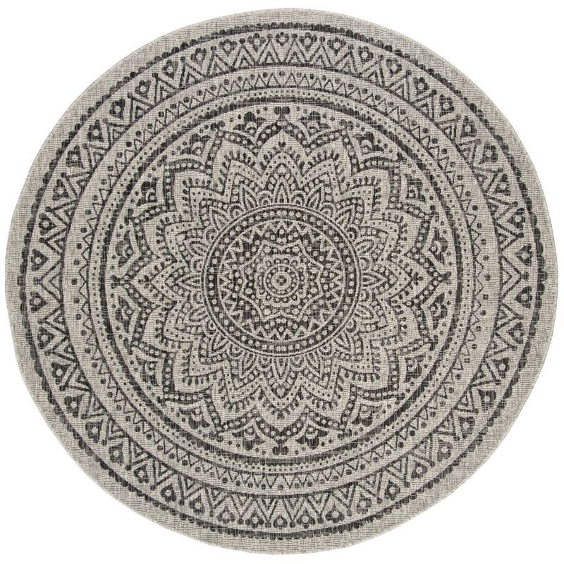 Light Grey and Black Round Synthetic Indoor/Outdoor Rug