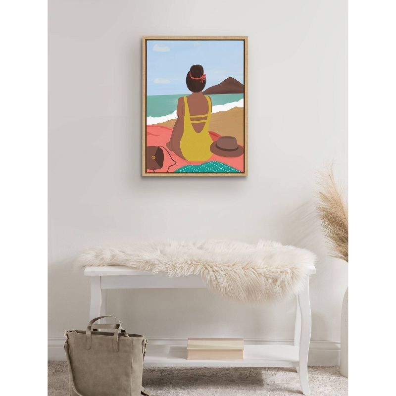 Beach Solo Framed Canvas Print in Natural Wood Frame