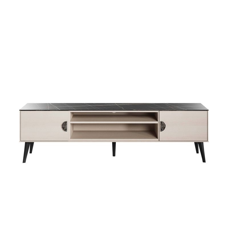 Haley 70.9" White and Black Marble TV Stand with Cabinet