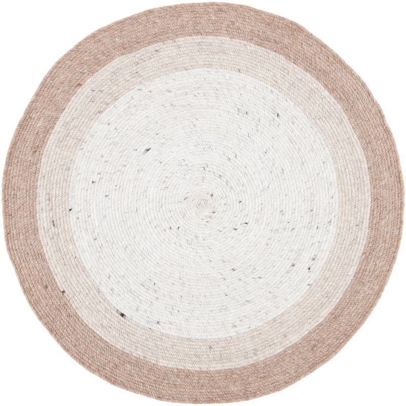 Ivory and Beige Round Braided Wool Area Rug, 5' Diameter