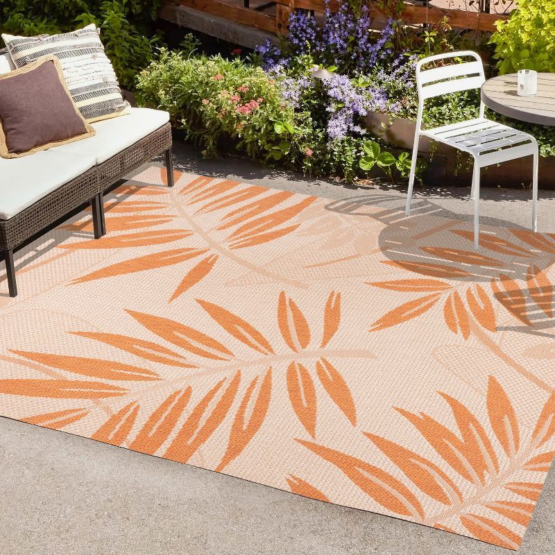 Tropical Palm Leaf Cream/Orange 5x8 Indoor/Outdoor Easy-Care Rug