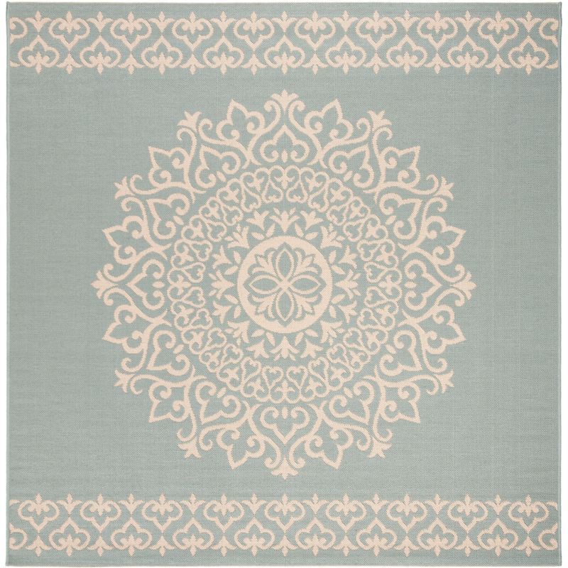Cream and Aqua Square Synthetic Non-slip Area Rug