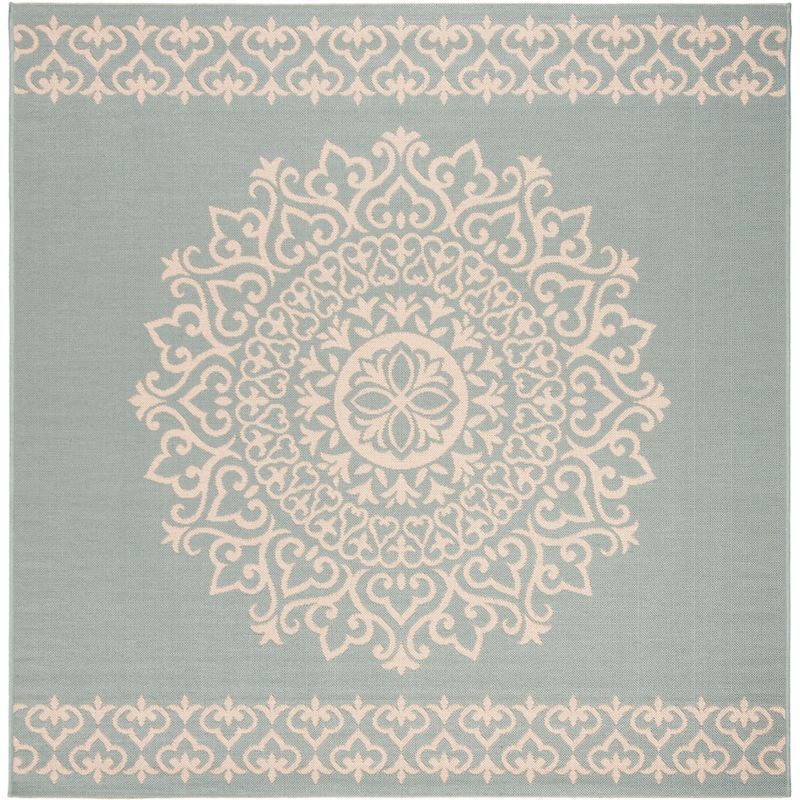 Cream and Aqua Square Synthetic Non-slip Area Rug