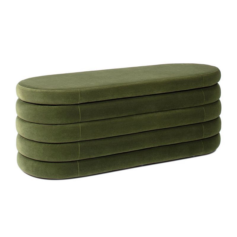 Olive Green Bouclé Upholstered Oval Storage Bench with Rubberwood Frame