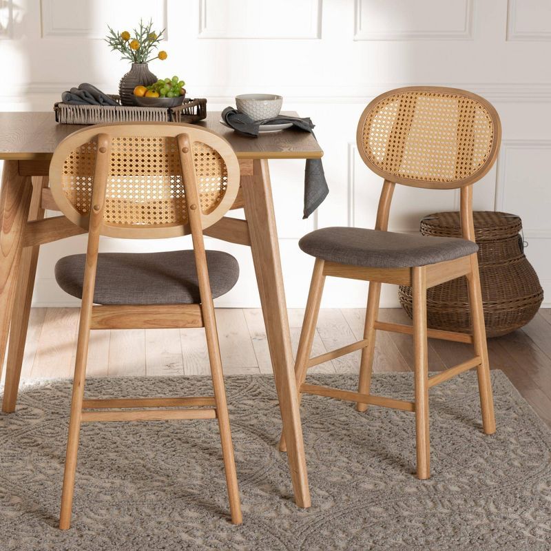 Mid-Century Grey Fabric and Natural Oak Counter Stools, Set of 2