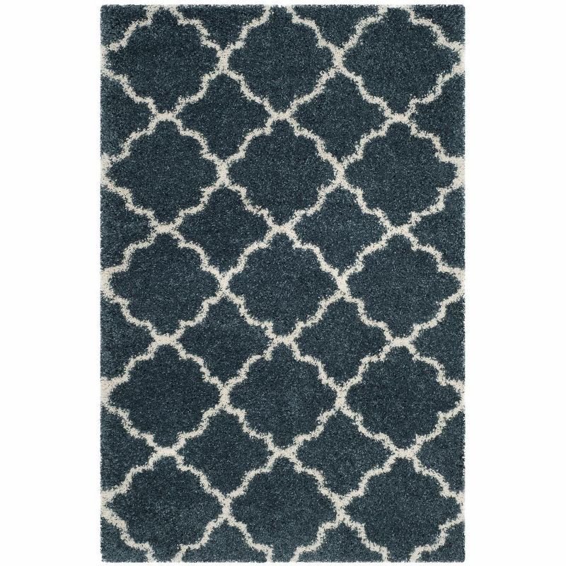 Slate Blue and Ivory Round Shag Synthetic Area Rug