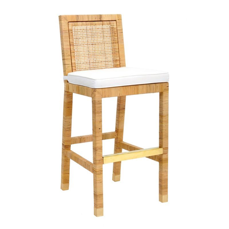 Amara Natural Rattan and Mahogany Bar Stool with White Cushion