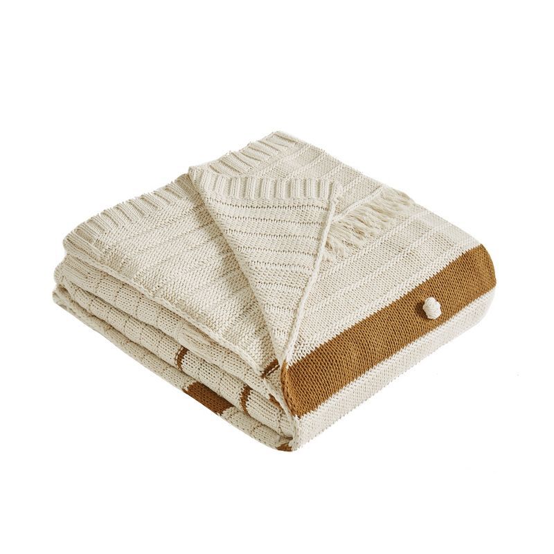 Ivory and Gold Cotton Knit Reversible Throw Blanket