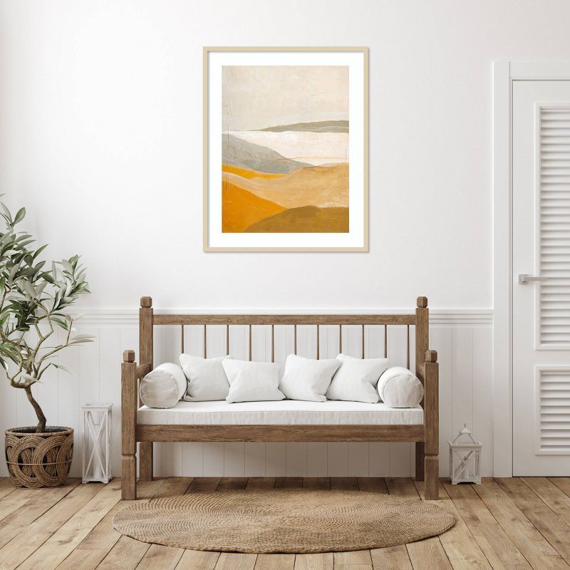 Yellow and Brown Abstract Landscape Lithograph with Wood Frame