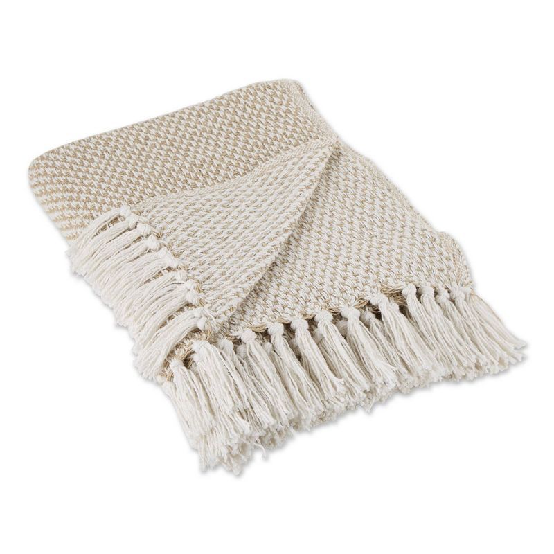 Stone Beige Cotton Woven Throw Blanket with Fringe