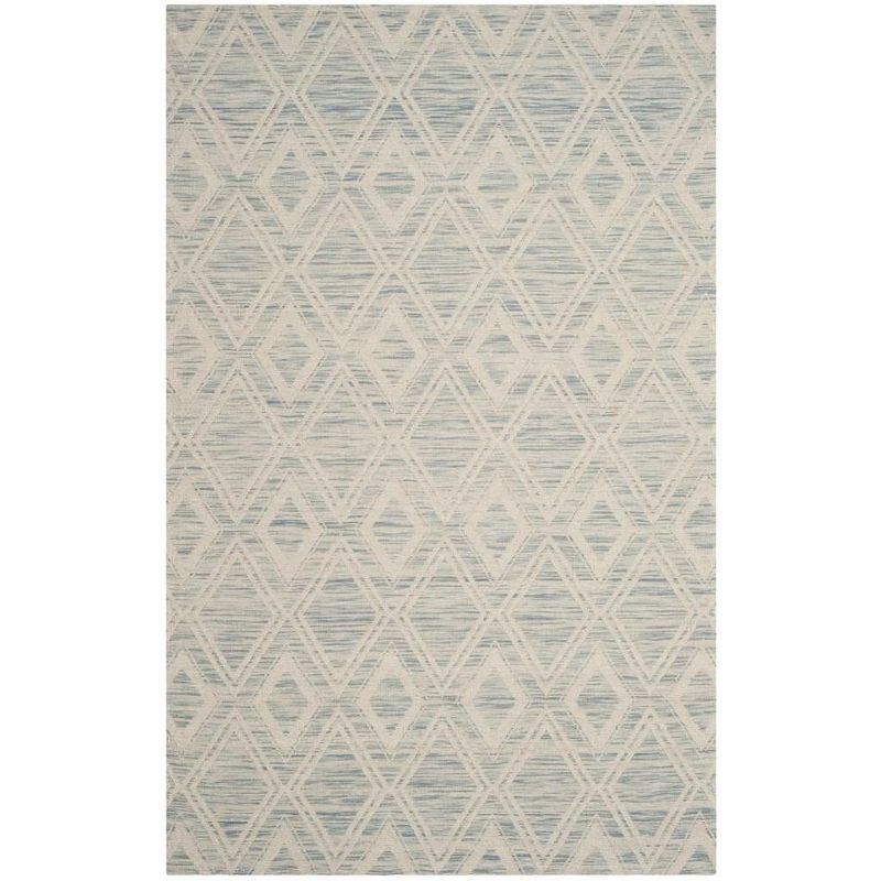 Ivory and Light Blue Geometric Wool Area Rug, 5' x 8'