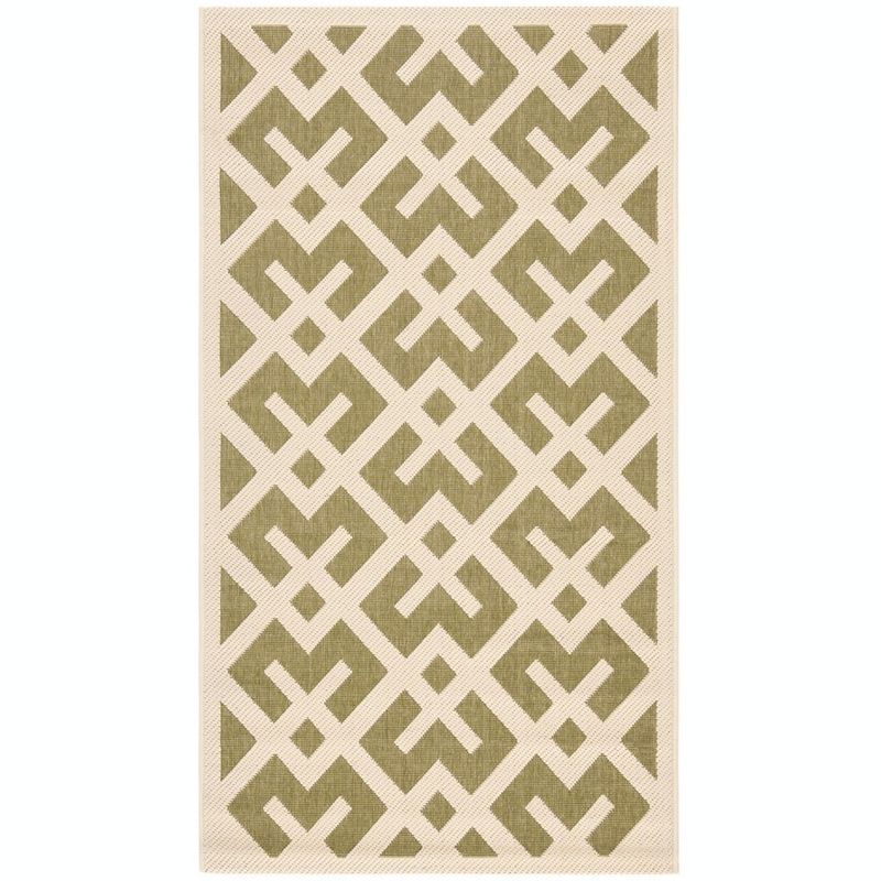 Green and Bone Geometric Synthetic Outdoor Area Rug