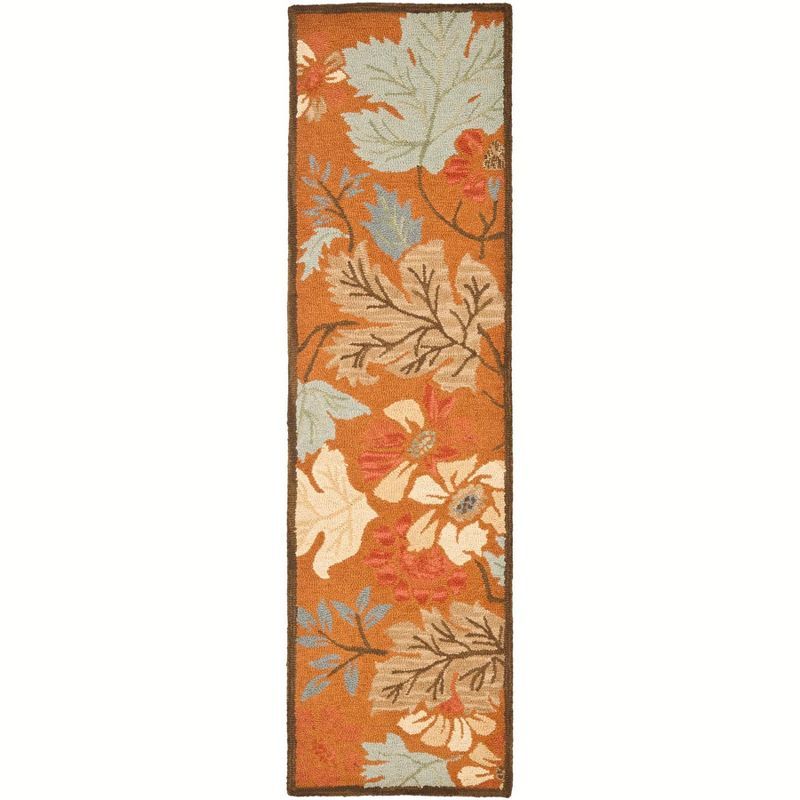 Ivory and Rust Floral Hand-Hooked Wool Runner Rug