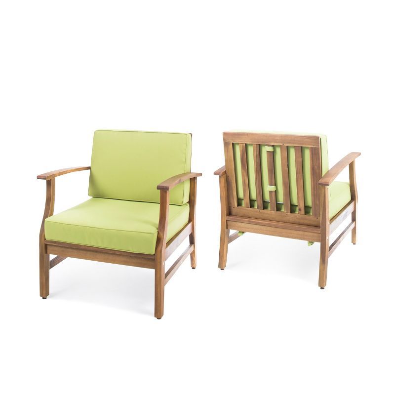 Acacia Wood Club Chairs with Green Cushions, Set of 2