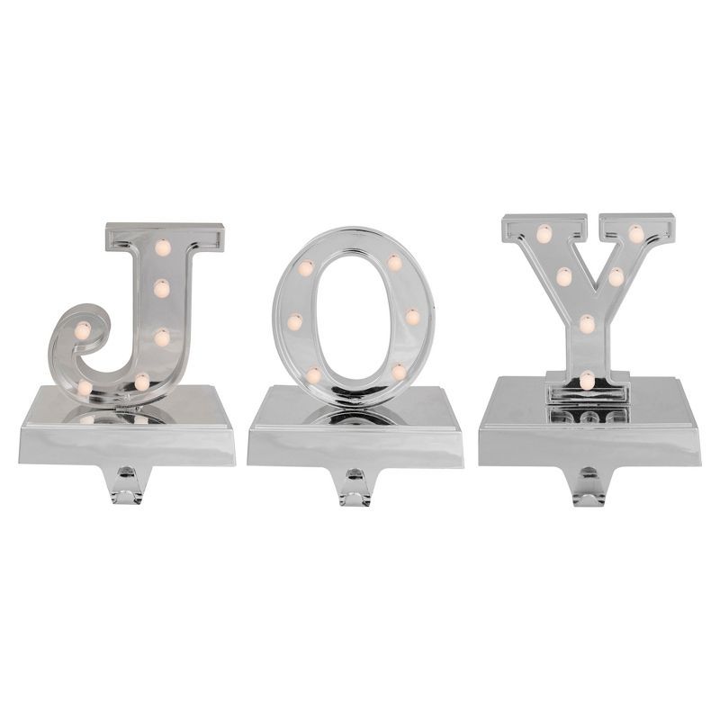 Silver LED Lighted JOY Christmas Stocking Holder Set of 3