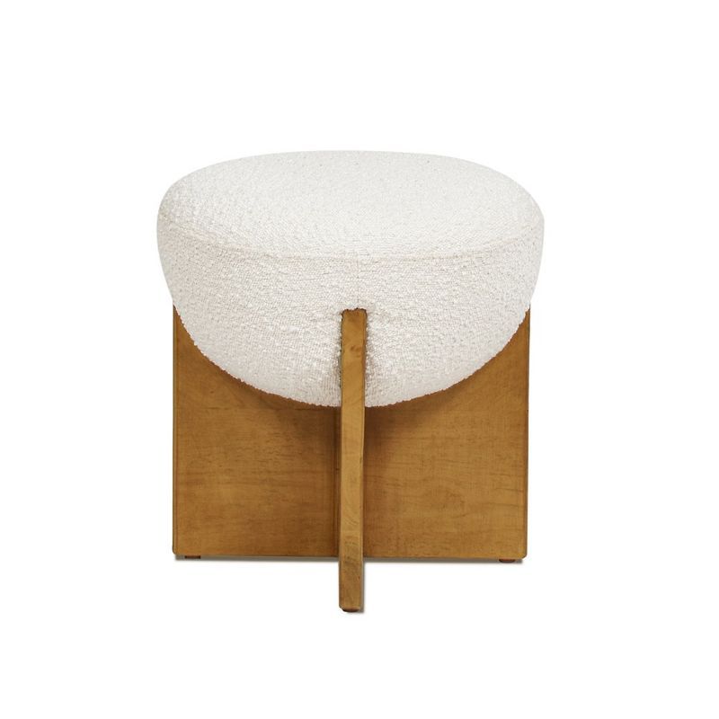 Ivory White Round Upholstered Ottoman with Natural Wood Base