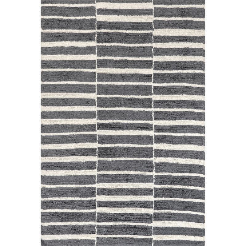Gray and White Tufted Wool Stripe Washable 5' x 8' Area Rug