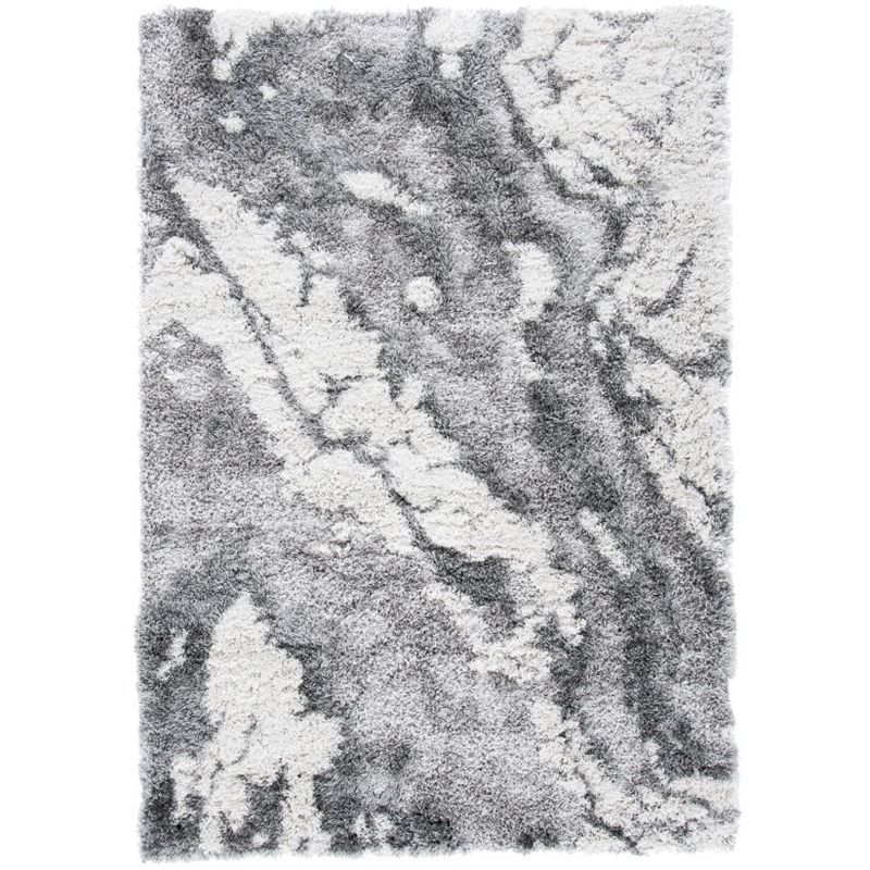 Grey and Ivory Abstract Shag Area Rug, 6' x 9'