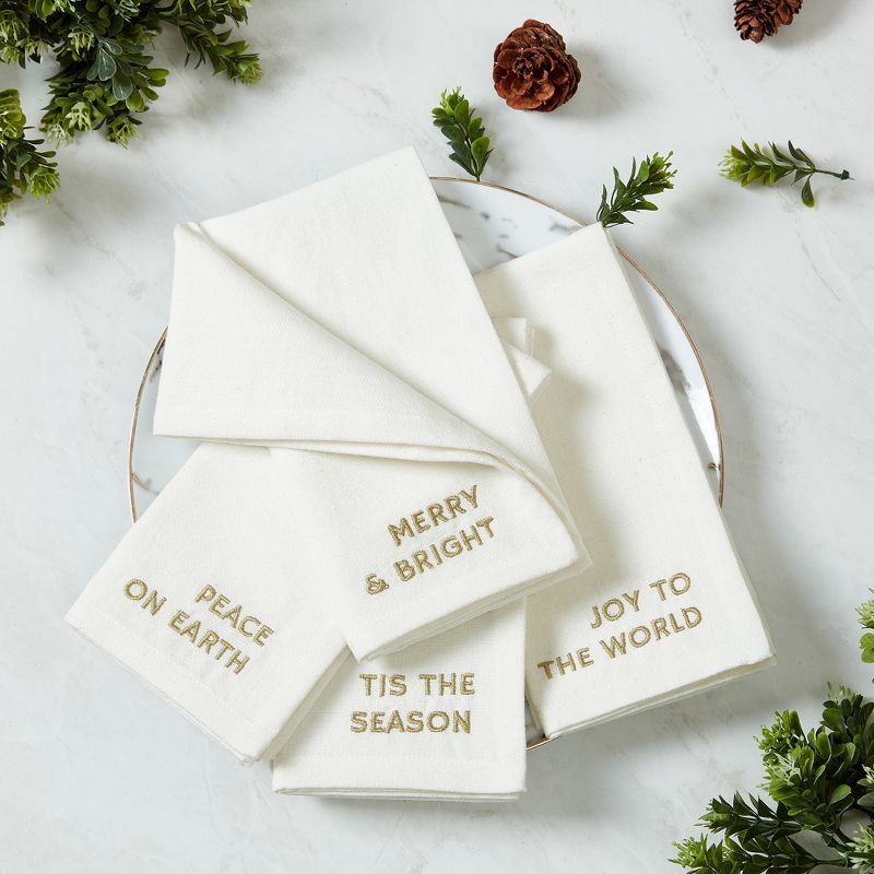 Joyful Sentiment White Cotton Embroidered Holiday Napkins, Set of 4